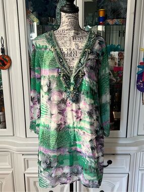 Embellished Beaded Purple Green Tie-dye Swim Coverup Tunic M -see measurements